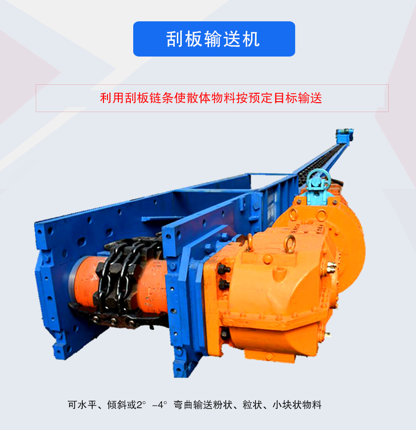 刮板輸送機采用刮板鏈牽引，可水平或傾斜輸送散狀物料，輸送距離長、密封性好無粉塵污染，功率消耗小