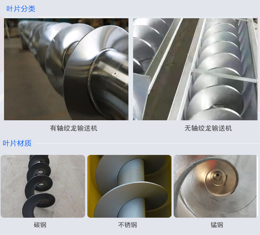 絞龍輸送機分為有軸和無軸絞龍輸送機，可根據(jù)物料不同選擇有碳鋼、不銹鋼、錳鋼等材質。