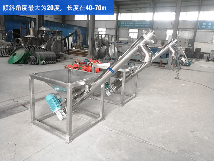 GX型絞龍輸送機(jī)傾斜角度最大為20度，長(zhǎng)度在40-70m